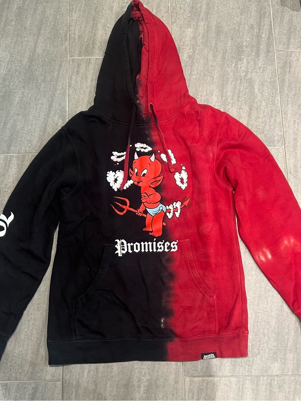 Promises Two-Tone Red & Black Crewneck Hoodie with Devil Graphic